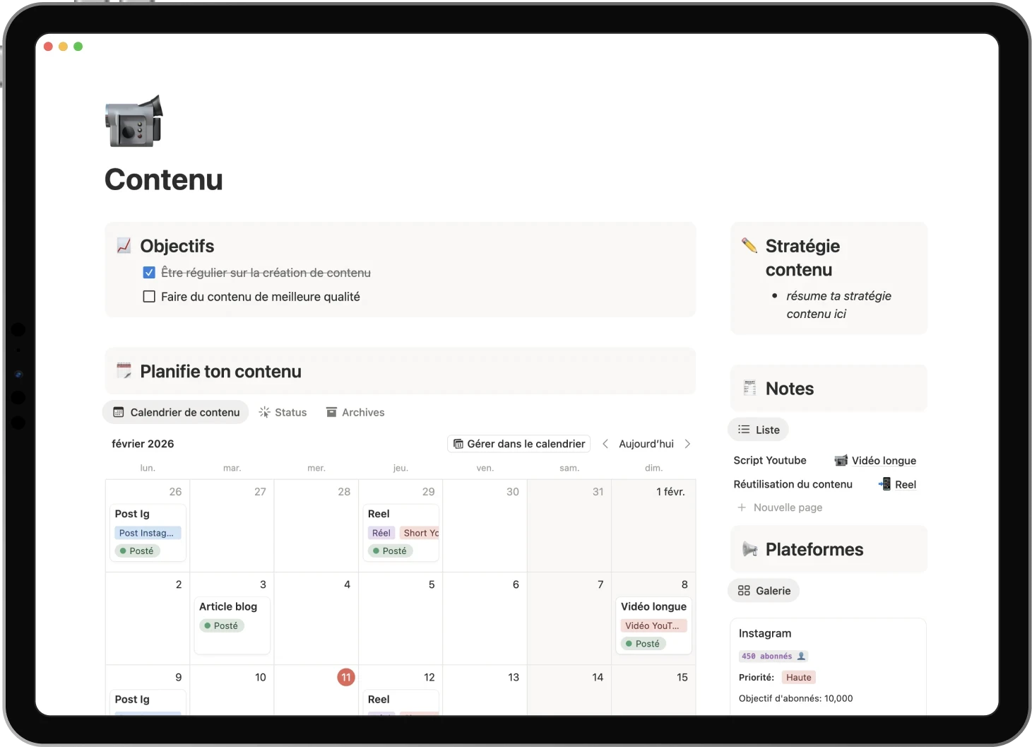 Ipad displaying the Content template: Plan your content, set objectives, write all your video scripts.