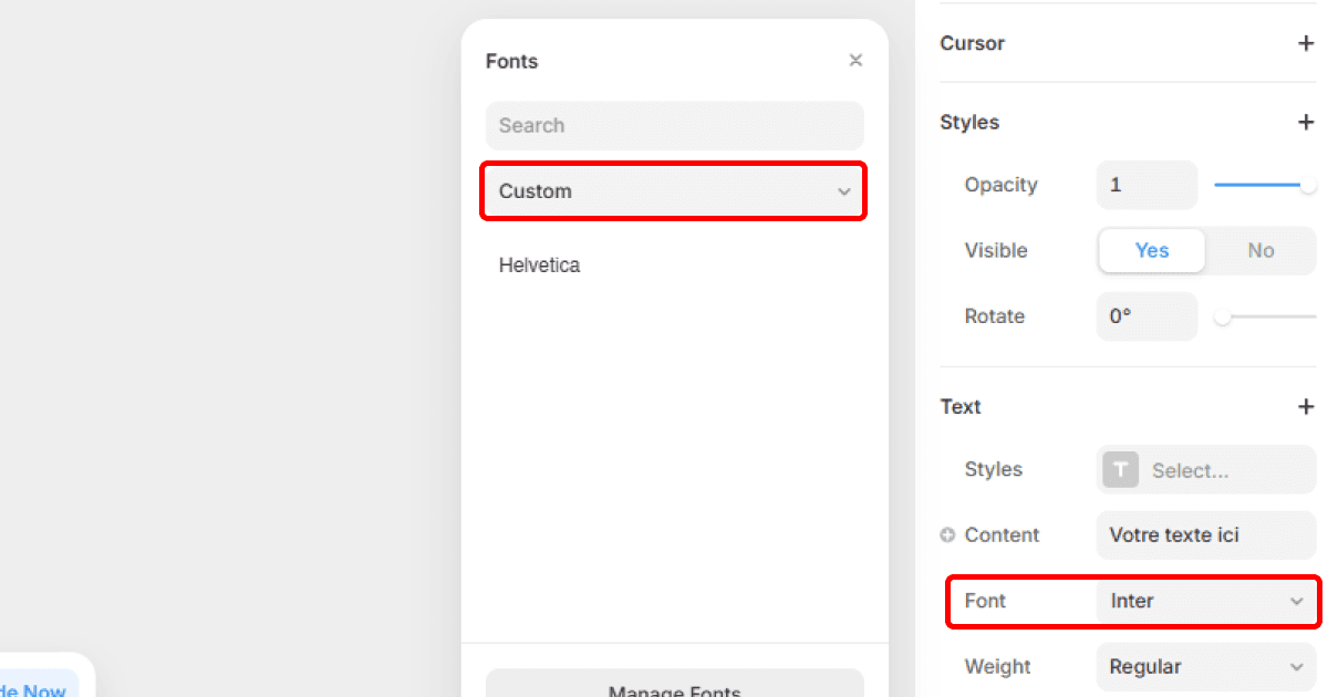 Sélecteur de typographie Framer avec les polices personnalisées dans la catégorie Custom