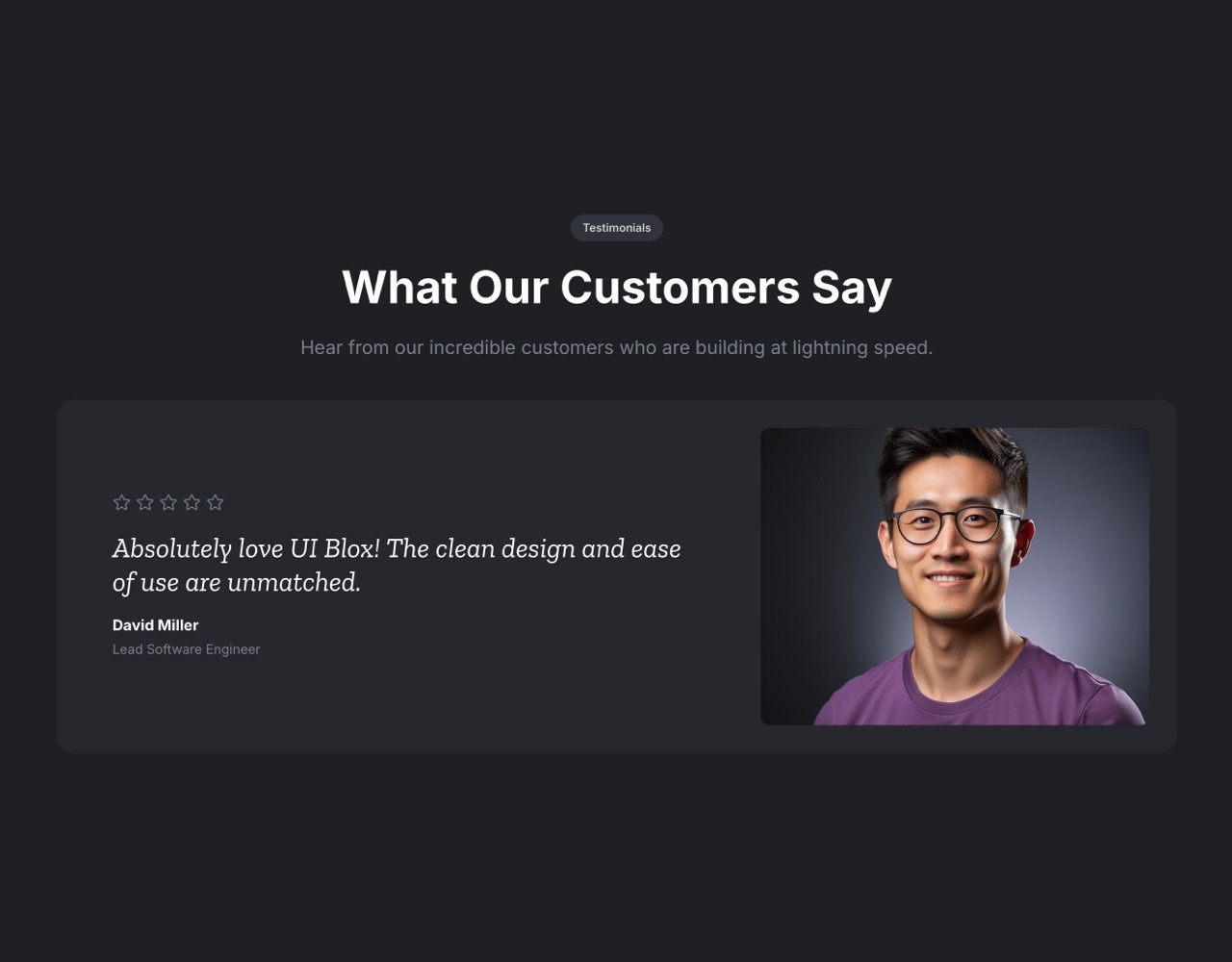 Framer Dark Testimonials Section - Frameblox UI