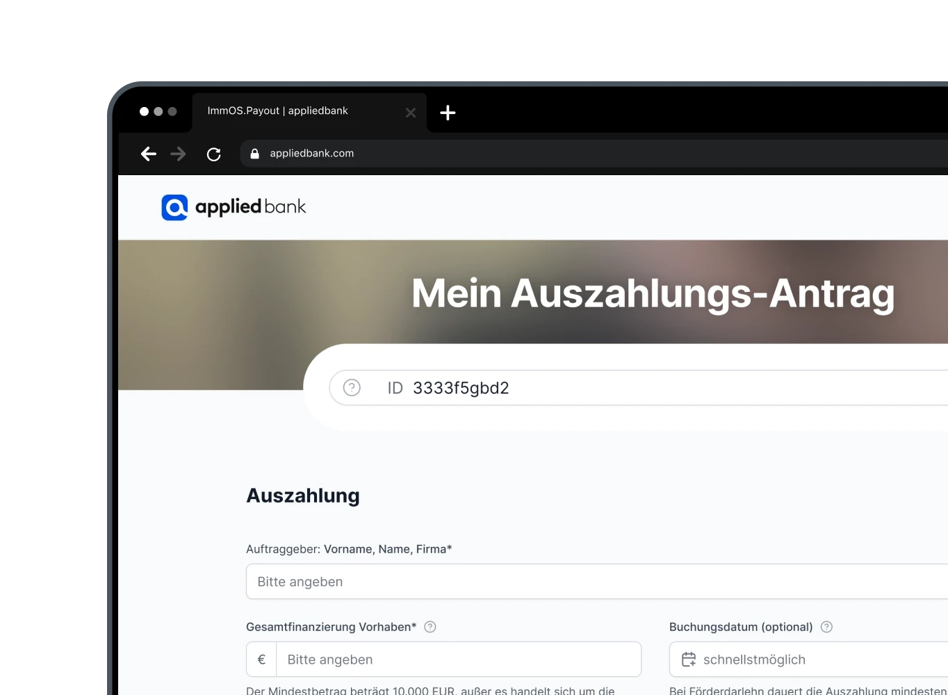 UI Eingabefelder Auszahlungs-Antrag