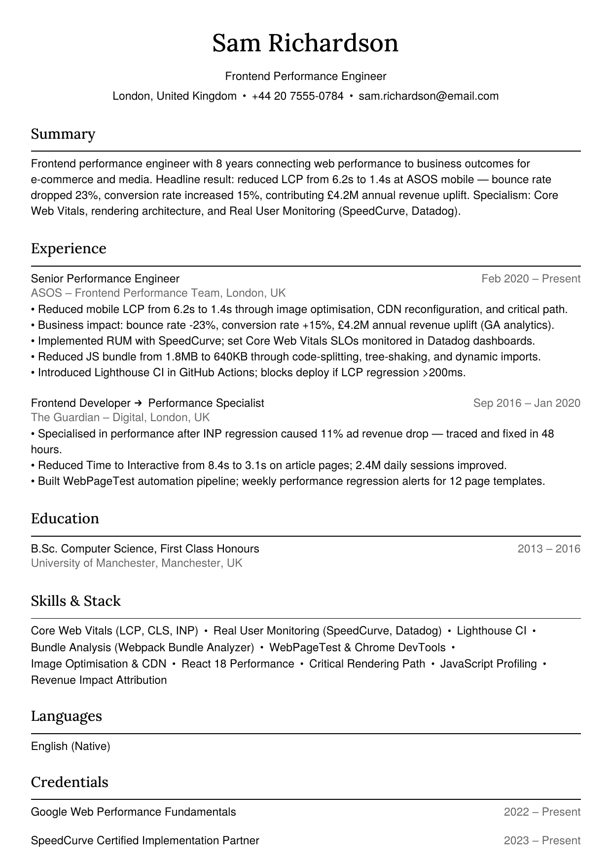 Frontend performance engineer resume example