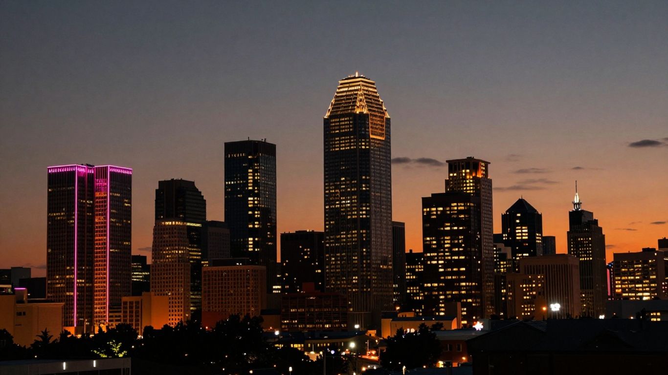Dallas skyline with orange and pink neon lights.