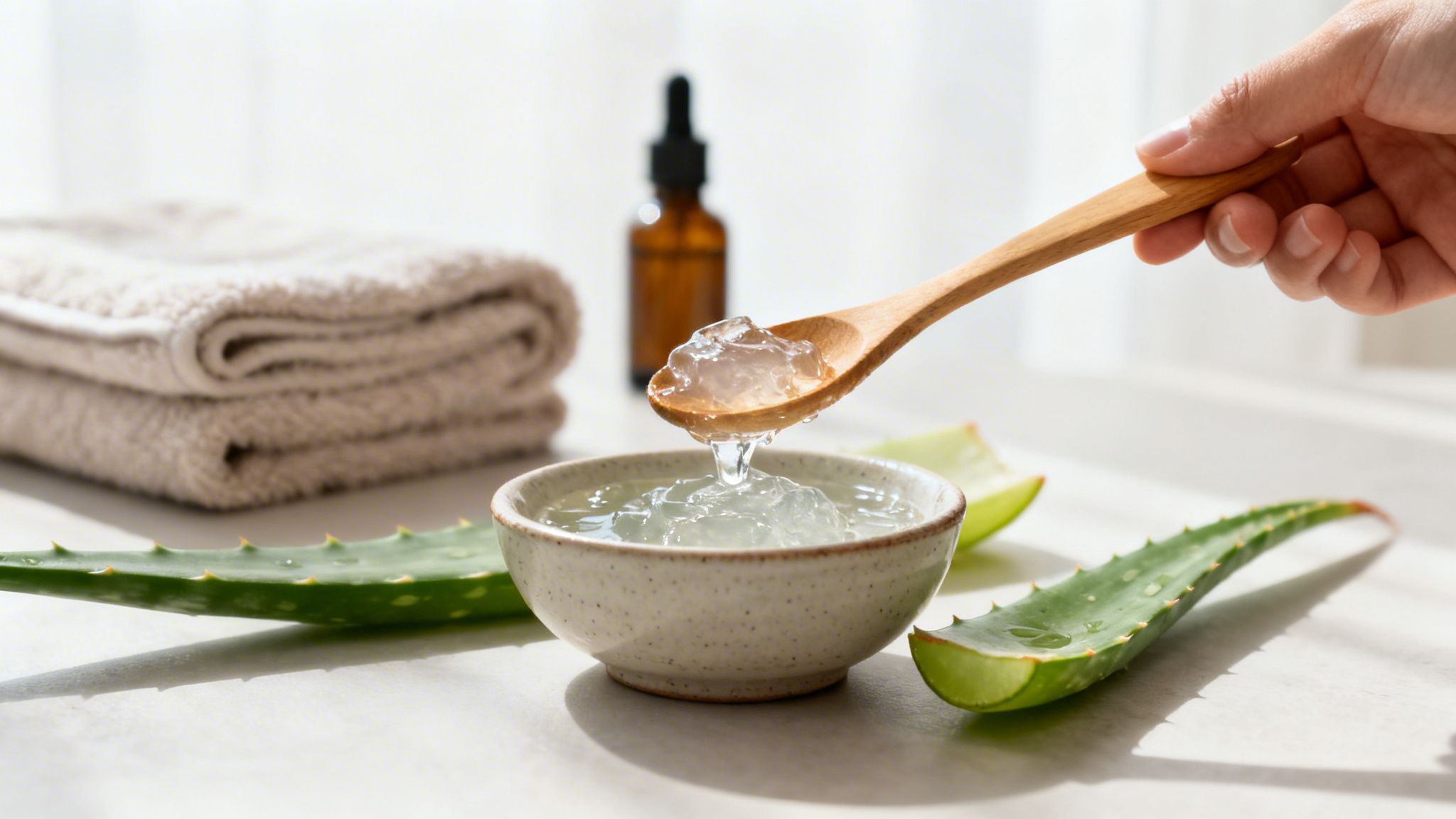 A hand spoons fresh aloe vera gel from a small bowl, surrounded by leaves and spa items.