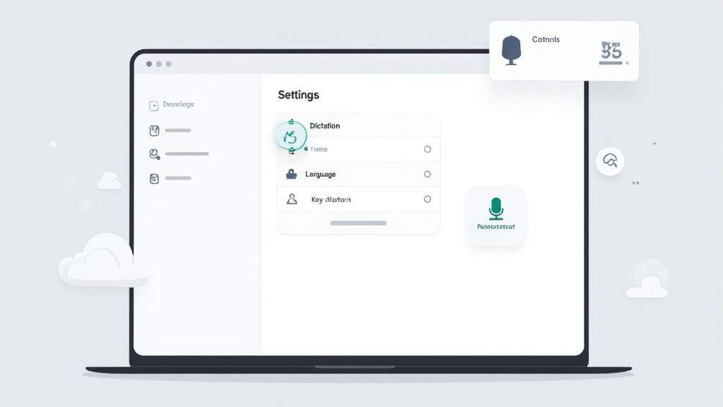 A close-up of a MacBook keyboard, with the microphone key highlighted, symbolizing the start of voice typing.