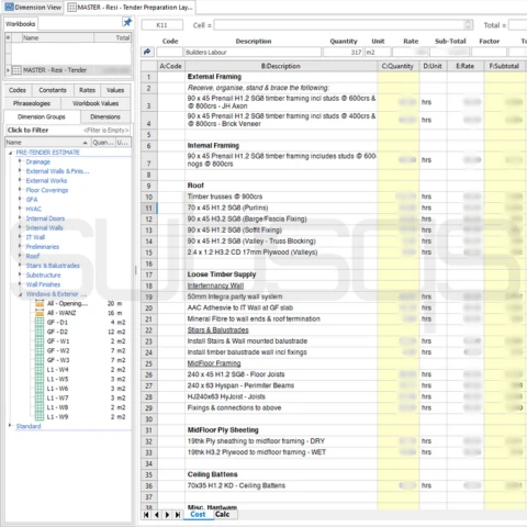 screenshot of CostX pricing workbook showing carpentry measured items and blurred pricing by SubsQS Ltd