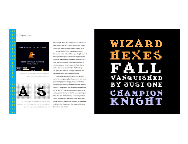 The image shows an open book displaying text on the left page and a black background with stylized text on the right. The text on the left page includes “COME WITE ME TO THE CLOUDS,” “WHERE YOU MAY CONFESS YOUR GUEST,” and “A S WITH A S.” The text on the right page reads “WIZARD HEXES FALL VANQUISHED BY JUST ONE CHAMPION KNIGHT.” Both text blocks are in a pixelated, blocky font style. The left page also contains a small illustration of a bird-like creature in the top left corner.