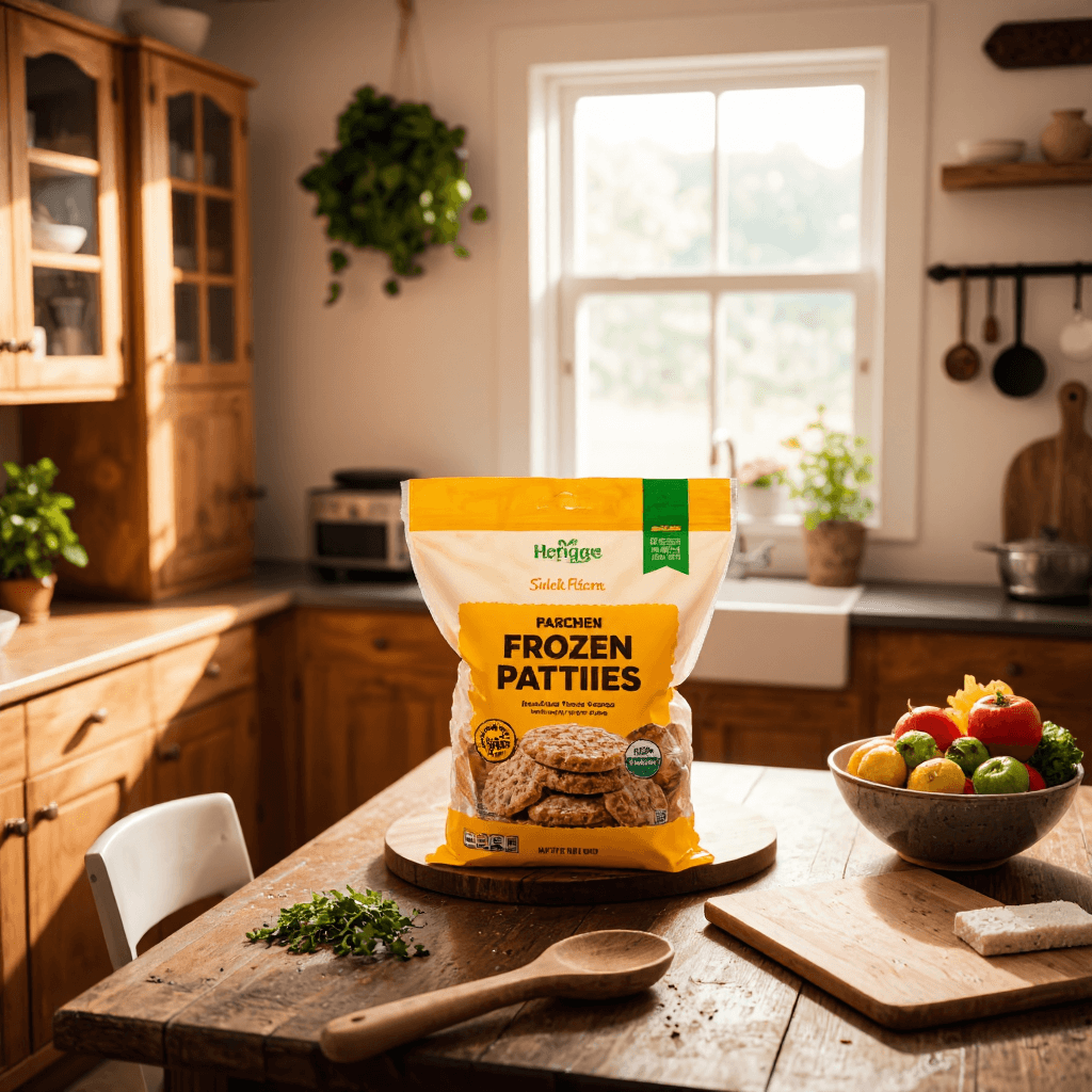 product photography of a bag of frozen patties