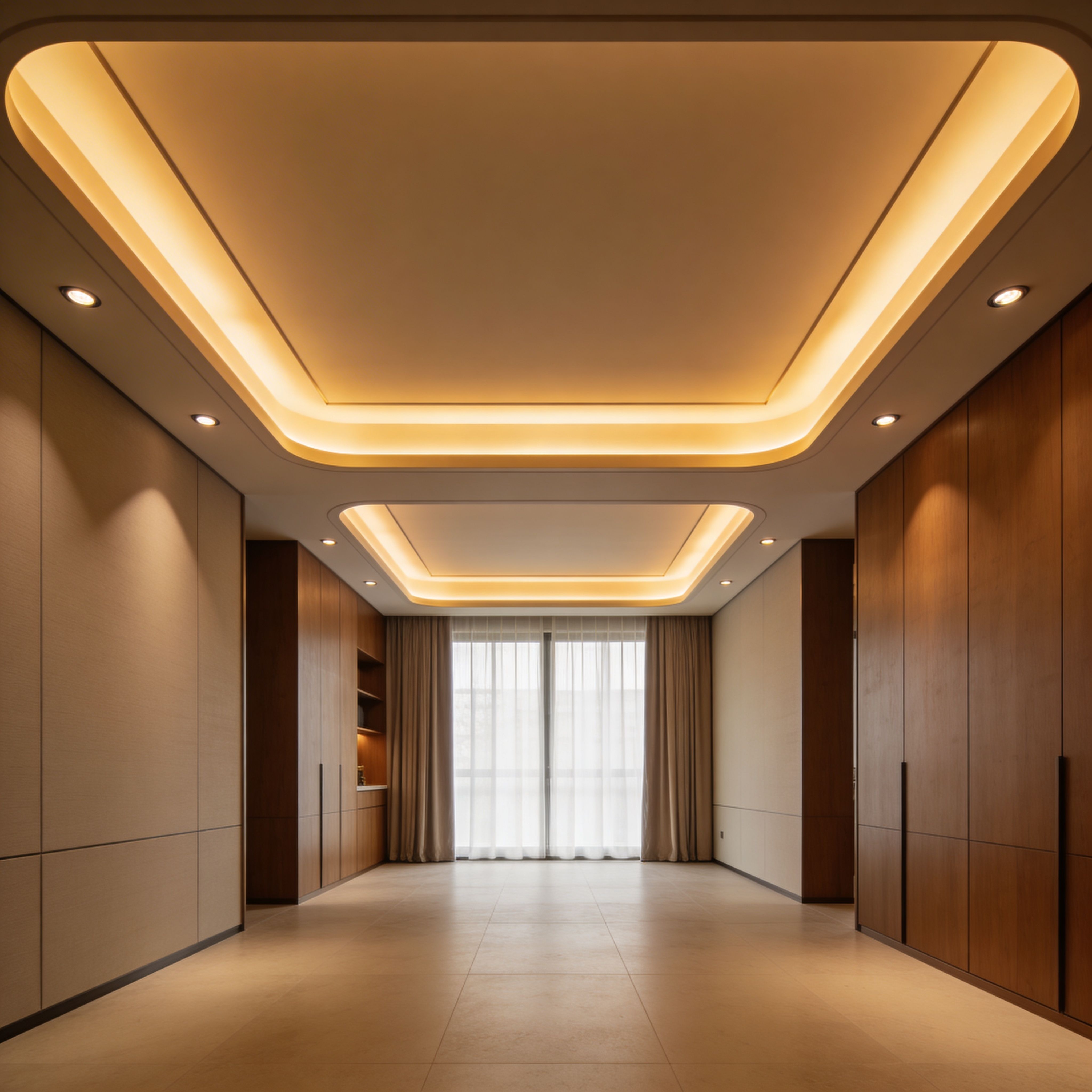 Luxury modern ceiling lighting with recessed LED strip lights and warm ambient illumination in a contemporary interior.