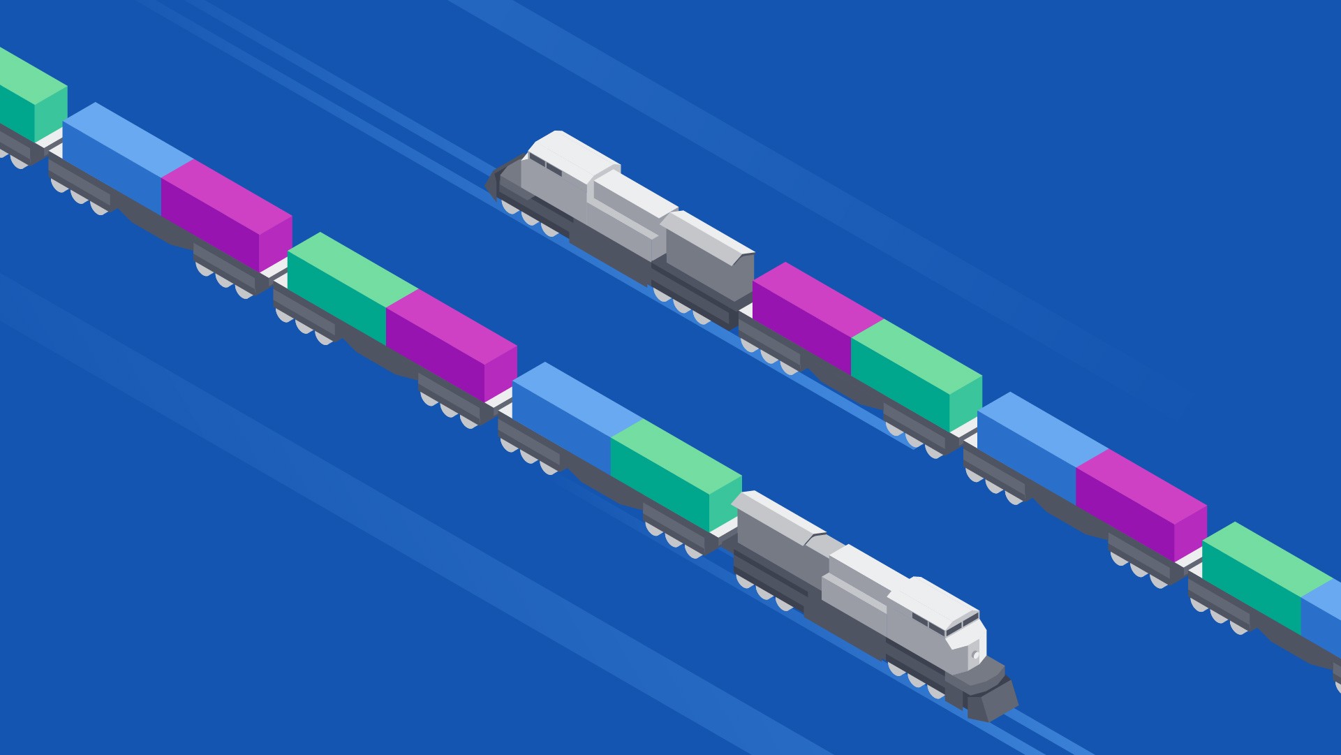 Simple isometric illustration of a 2 cargo trains.
