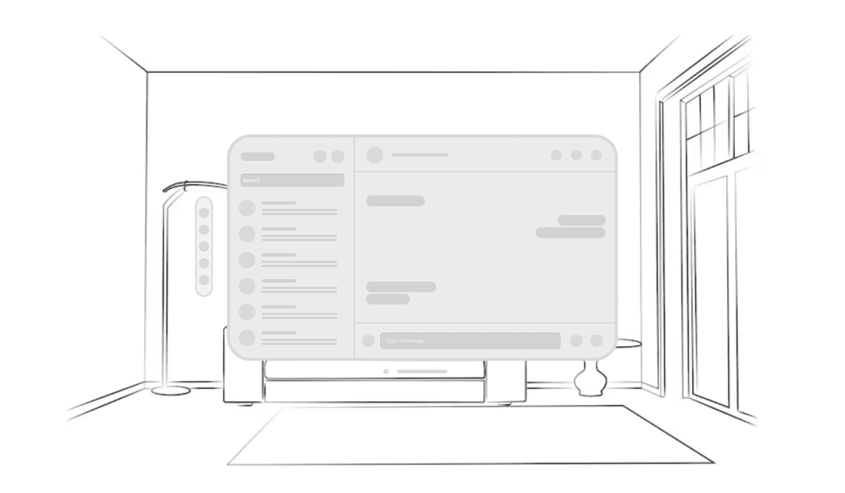 WhatsApp dashboard interface wireframe on Apple Vision Pro