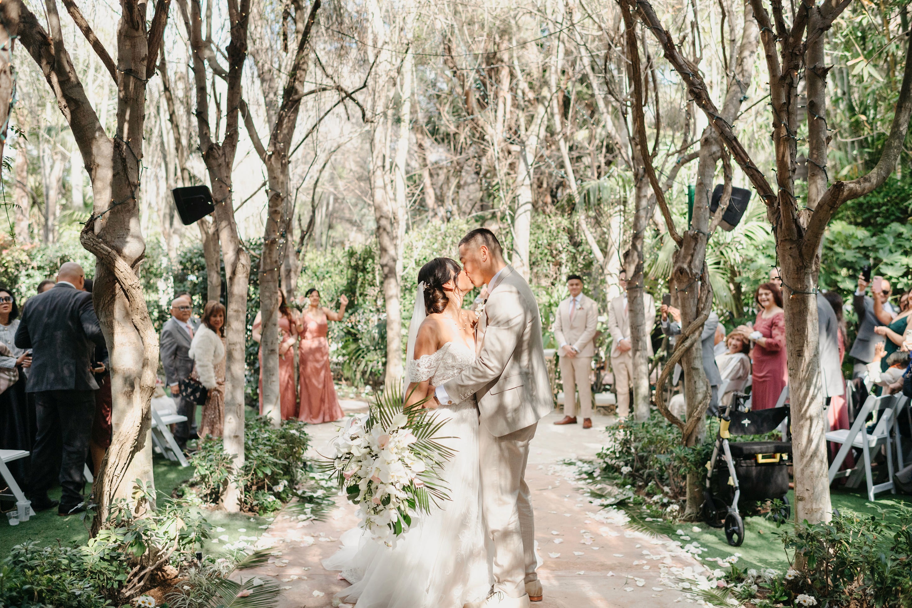 Bride and groom first kiss at ceremony