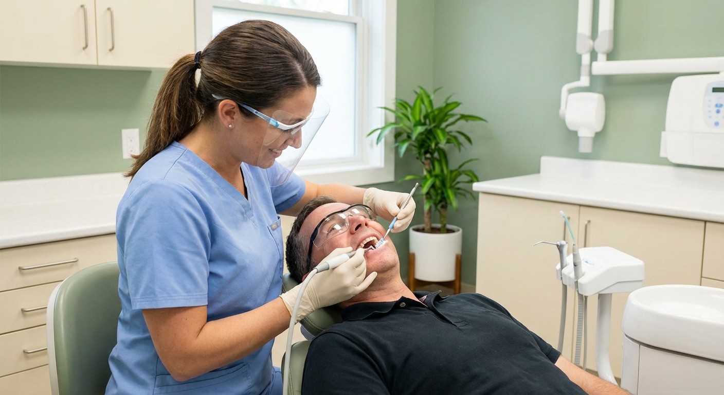Dental hygienist carefully cleaning around dental implants during a maintenance appointment