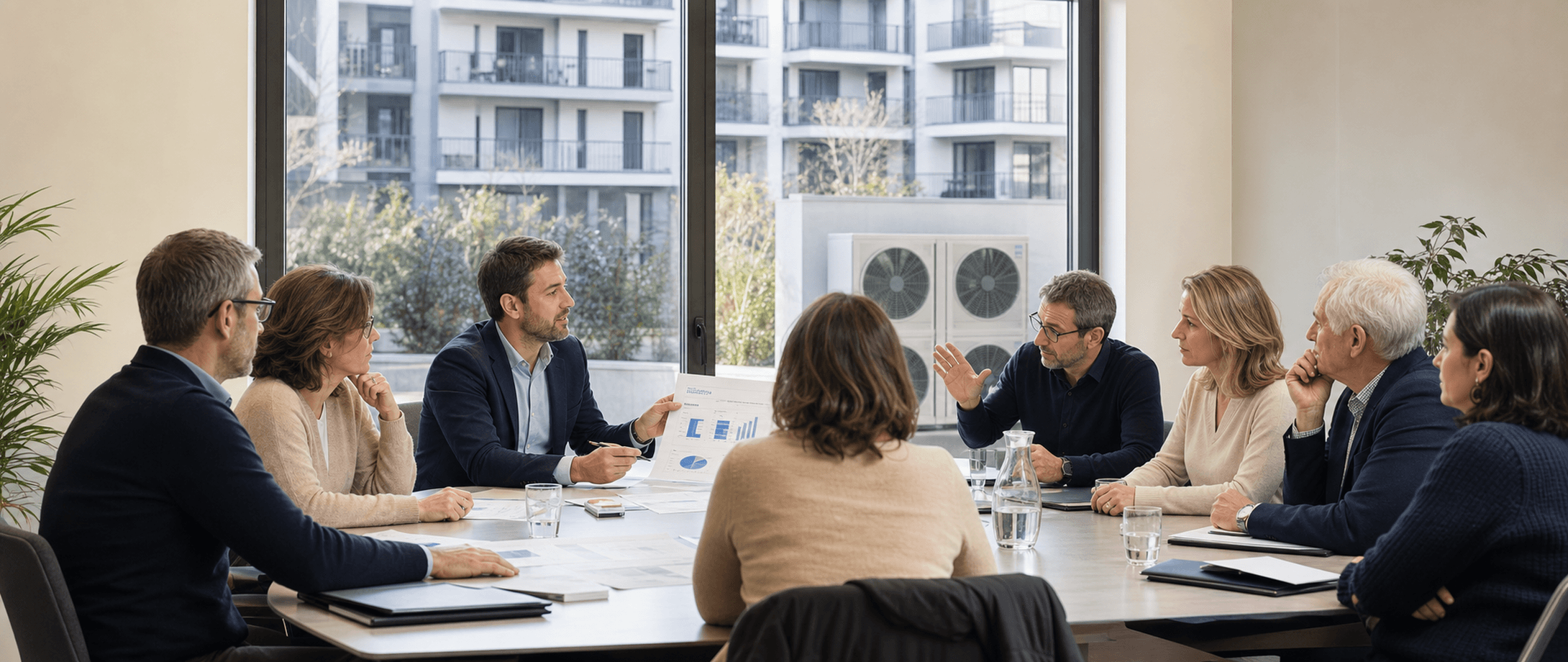 Assemblée générale de copropriété examinant un projet de pompe à chaleur collective