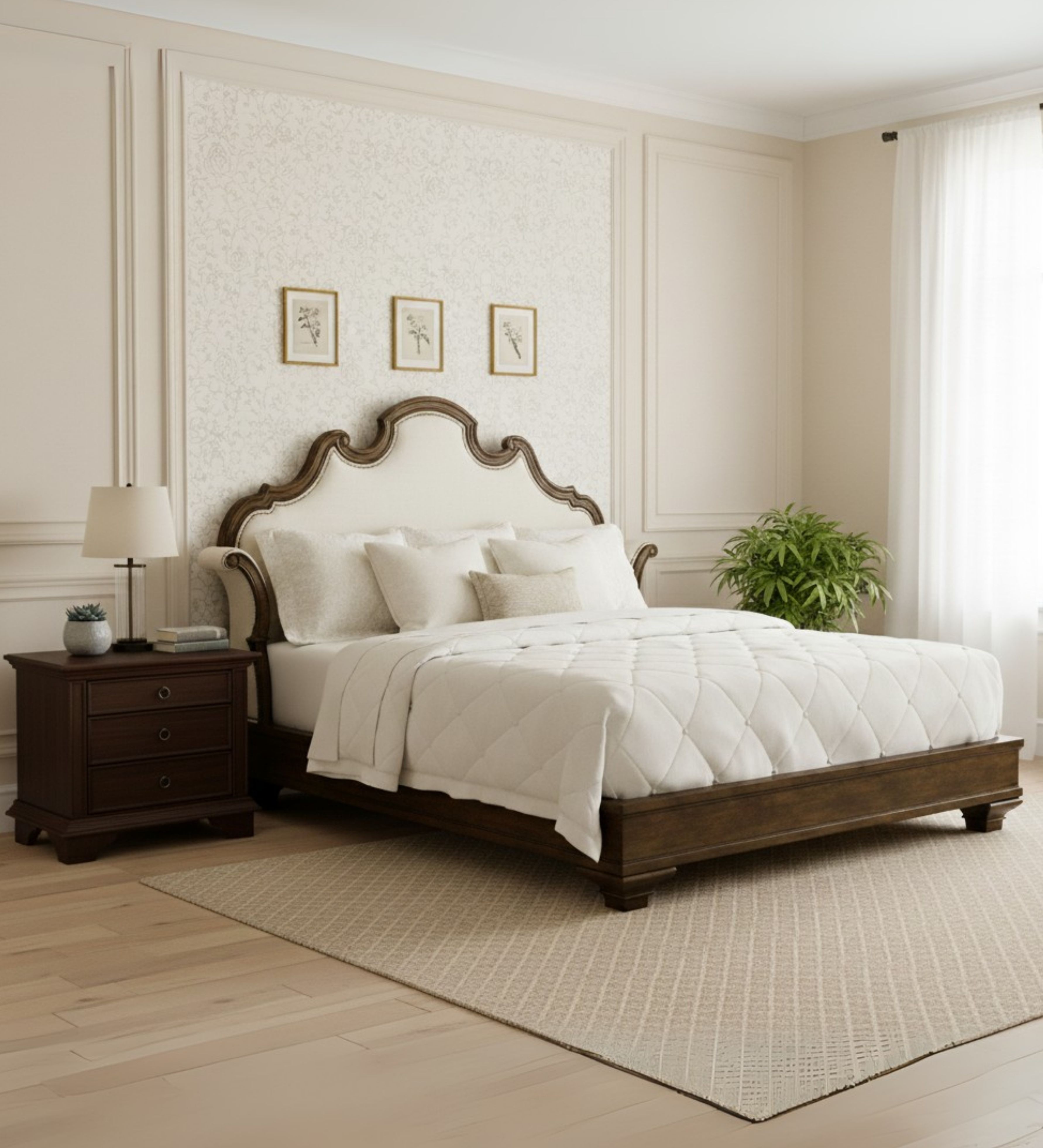 Traditional bed with scalloped upholstered headboard and sturdy wooden structure