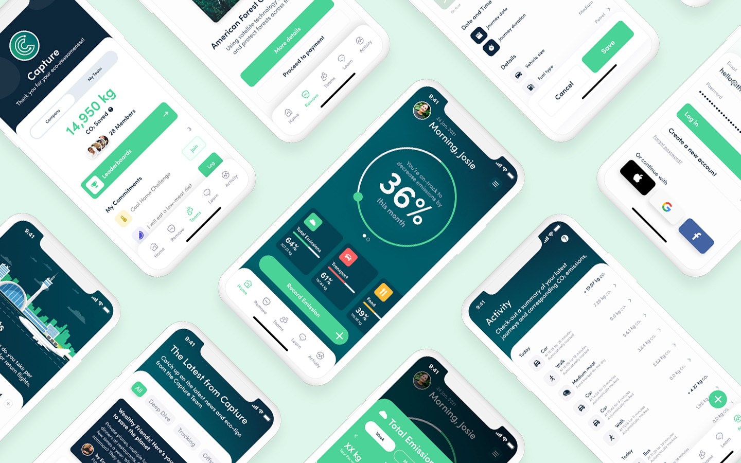 Mobile app screens displaying Home, Log, Teams, and Activity screens for Capture, a CO2 tracking app