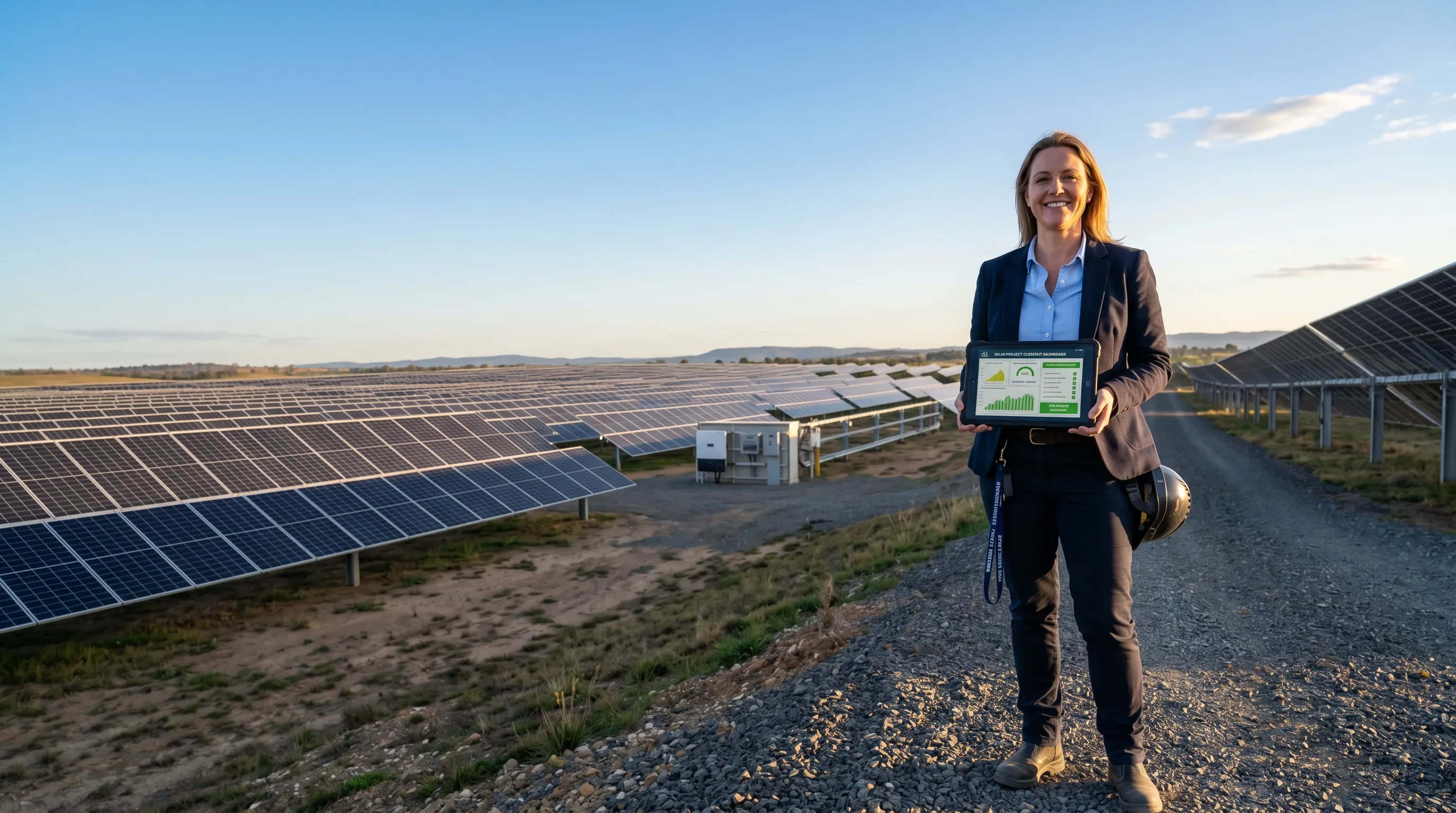 Engineer in safety gear standing beside solar panels at sunset on a solar farm site.