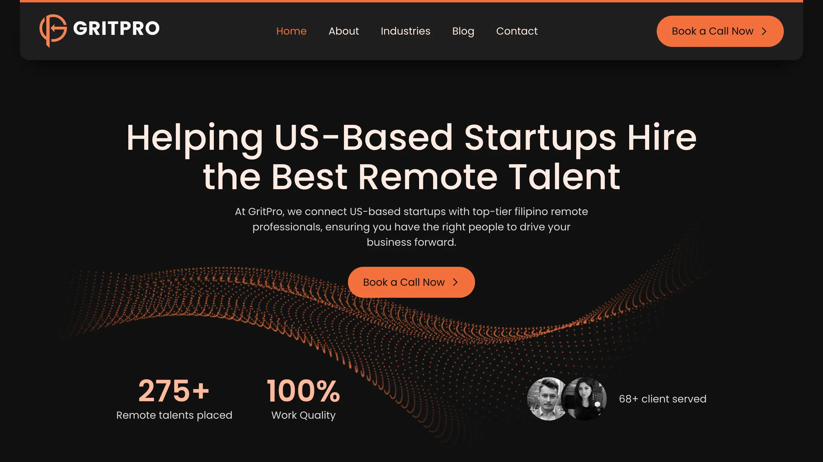 GritPro homepage offering remote talent for US startups, with stats and CTA.