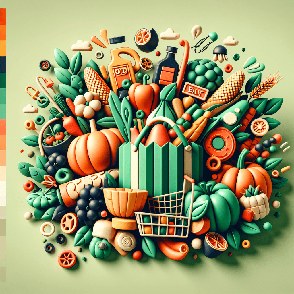 Lebendige Illustration eines gefüllten Einkaufskorbs im Zentrum, umgeben von frischem Obst, Gemüse, Getreideprodukten und Supermarktartikeln. Die Szene symbolisiert den wöchentlichen Lebensmitteleinkauf mit Fokus auf gesunde, saisonale Zutaten – perfekt für ein digitales Einkaufslisten-Feature.