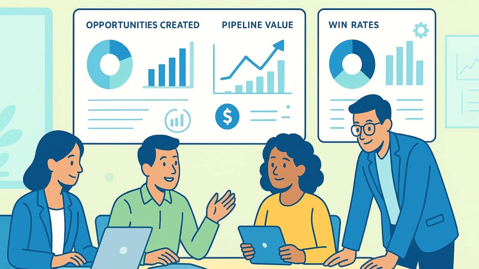 Sales team tracking and analyzing dashboards for key metrics pipeline growth.