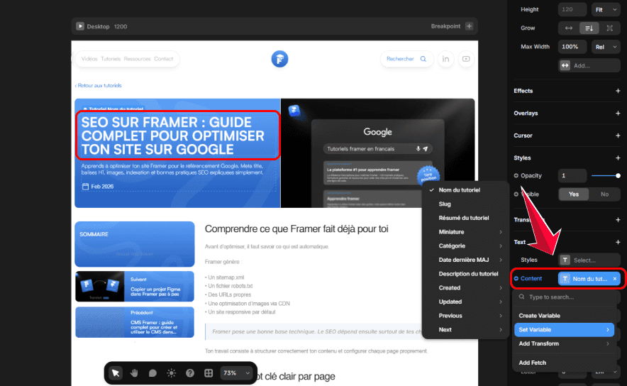 Connexion d’un champ CMS à un élément dans Framer avec l’option Set Variable