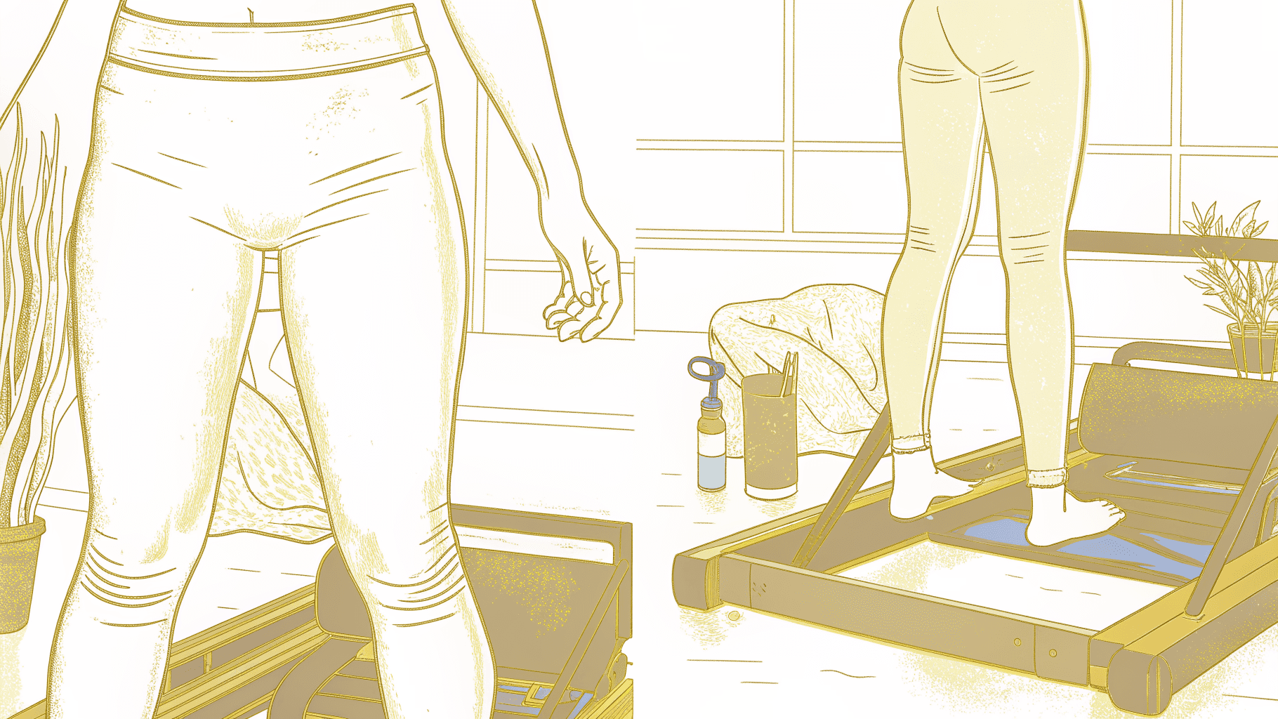  High-waisted leggings vs bare skin on a Pilates reformer vinyl carriage