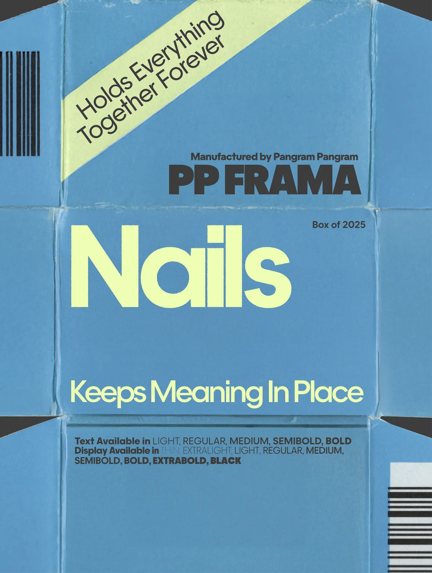 Blue packaging design featuring bold typographic layout and the word “Nails,” emphasizing structure and permanence.