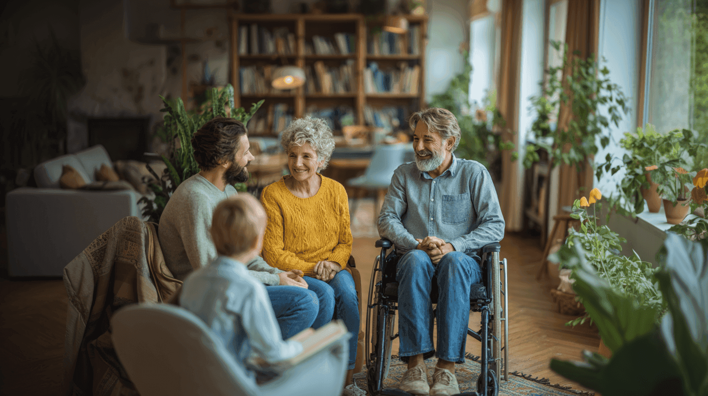 A family sitting together in a cozy room filled with plants, engaged in conversation and smiling at each other.