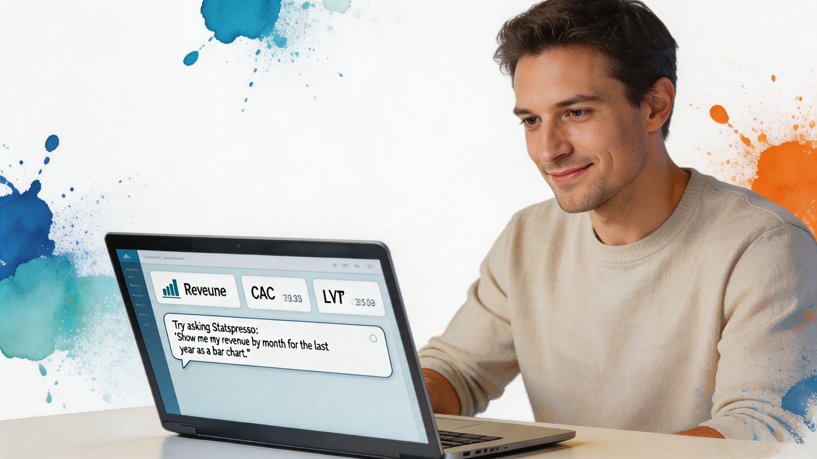A young man sitting at a laptop using an AI analytics platform for his business data analysis.