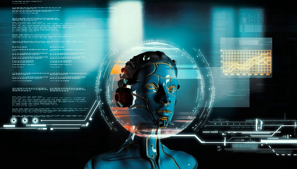 A high-tech digital illustration of a blue robotic figure with a human-like face, surrounded by holographic data screens and futuristic interface elements, representing artificial intelligence and advanced data analytics.