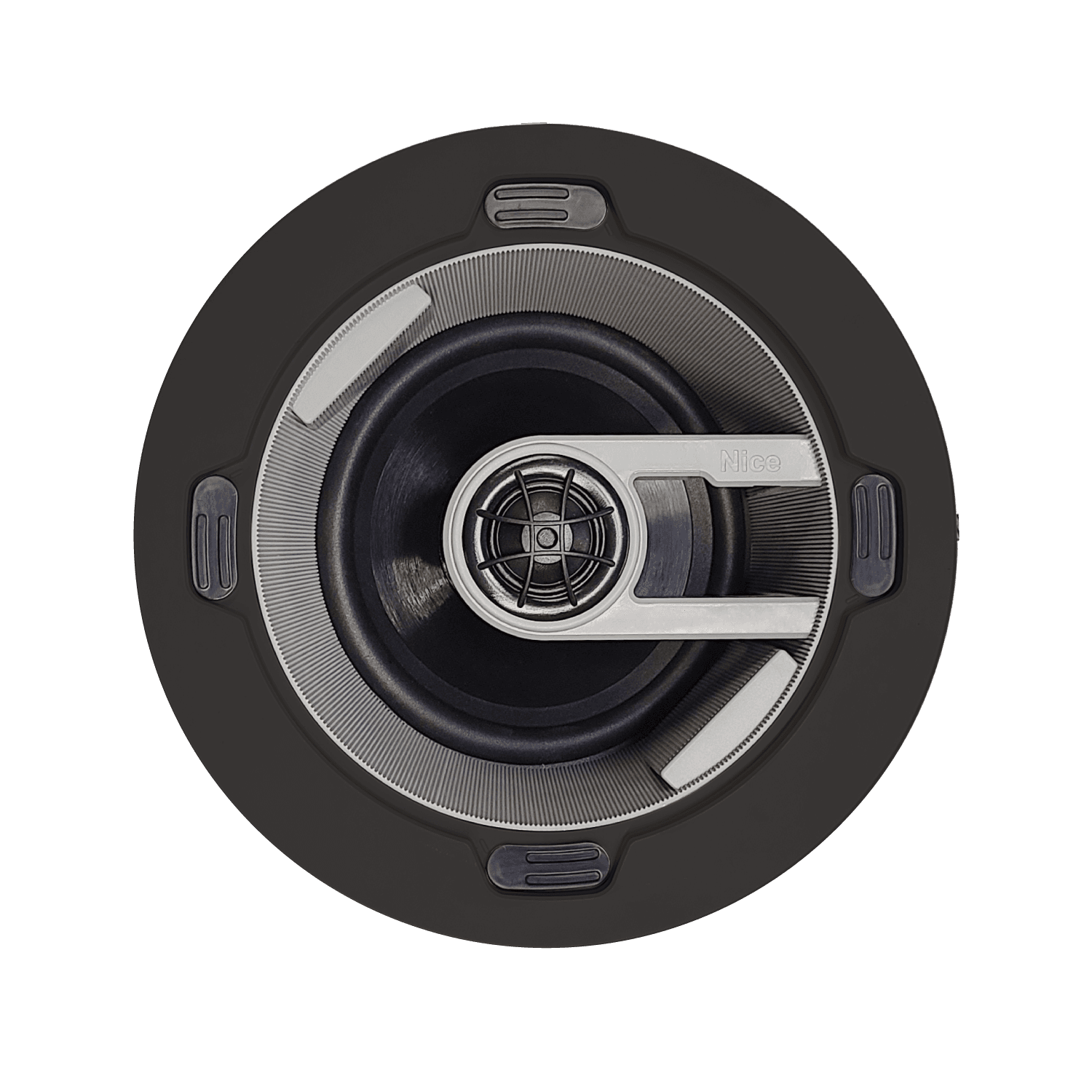 Circular speaker with "Nice" logo