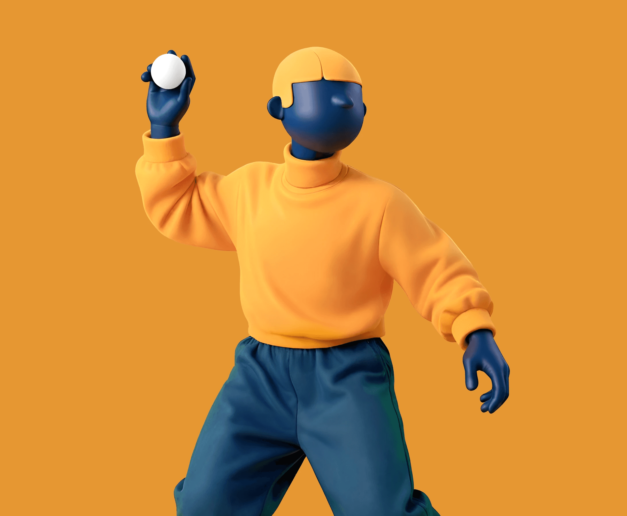 3D render of a cartoon person wearing an orange sweater, throwing a white ball.