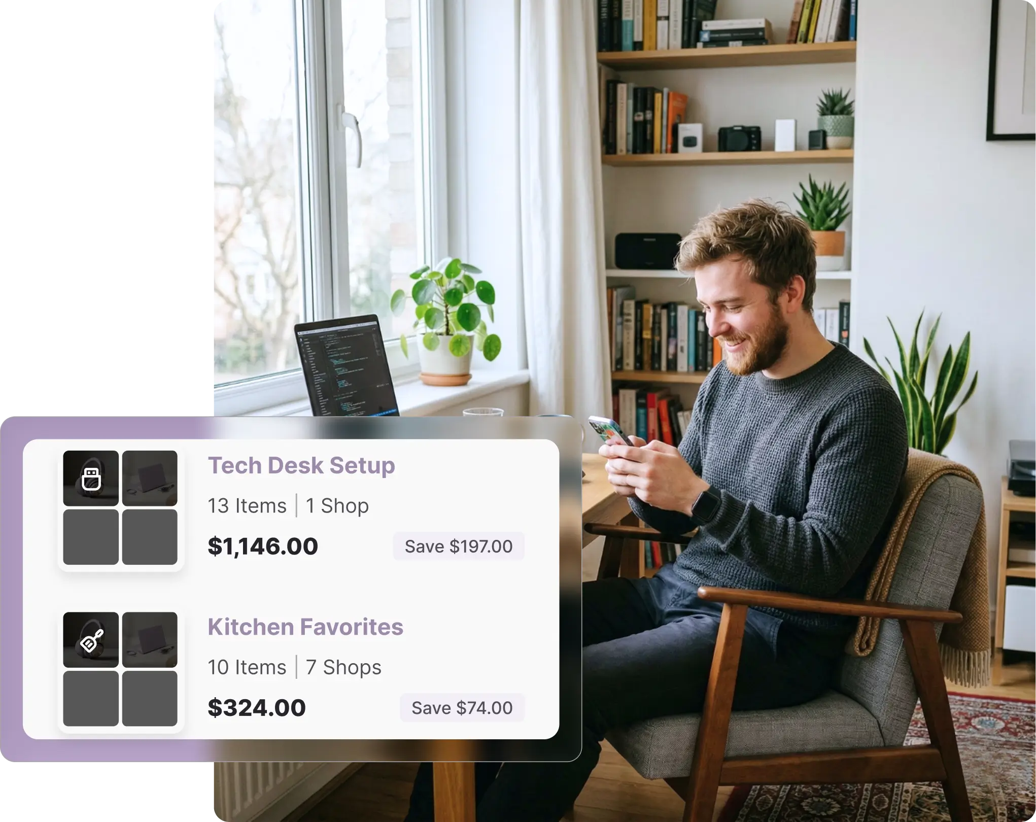 A smiling man sitting in a mid-century modern wooden armchair in a cozy home office, looking at his smartphone. In the background, a desk with a laptop and a bookshelf filled with books are visible near a window. The image features a Whisprice digital interface mockup showing how to organize tracked products, displaying custom Amazon collections like "Tech Desk Setup" and "Kitchen Favorites" along with item counts, total prices, and saved amounts.