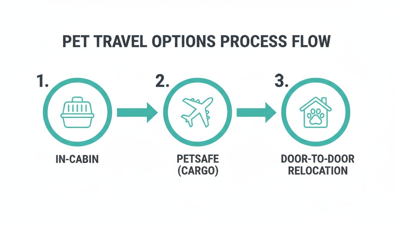 Process flow diagram illustrating three pet travel options: in-cabin, petsafe cargo, and door-to-door relocation.
