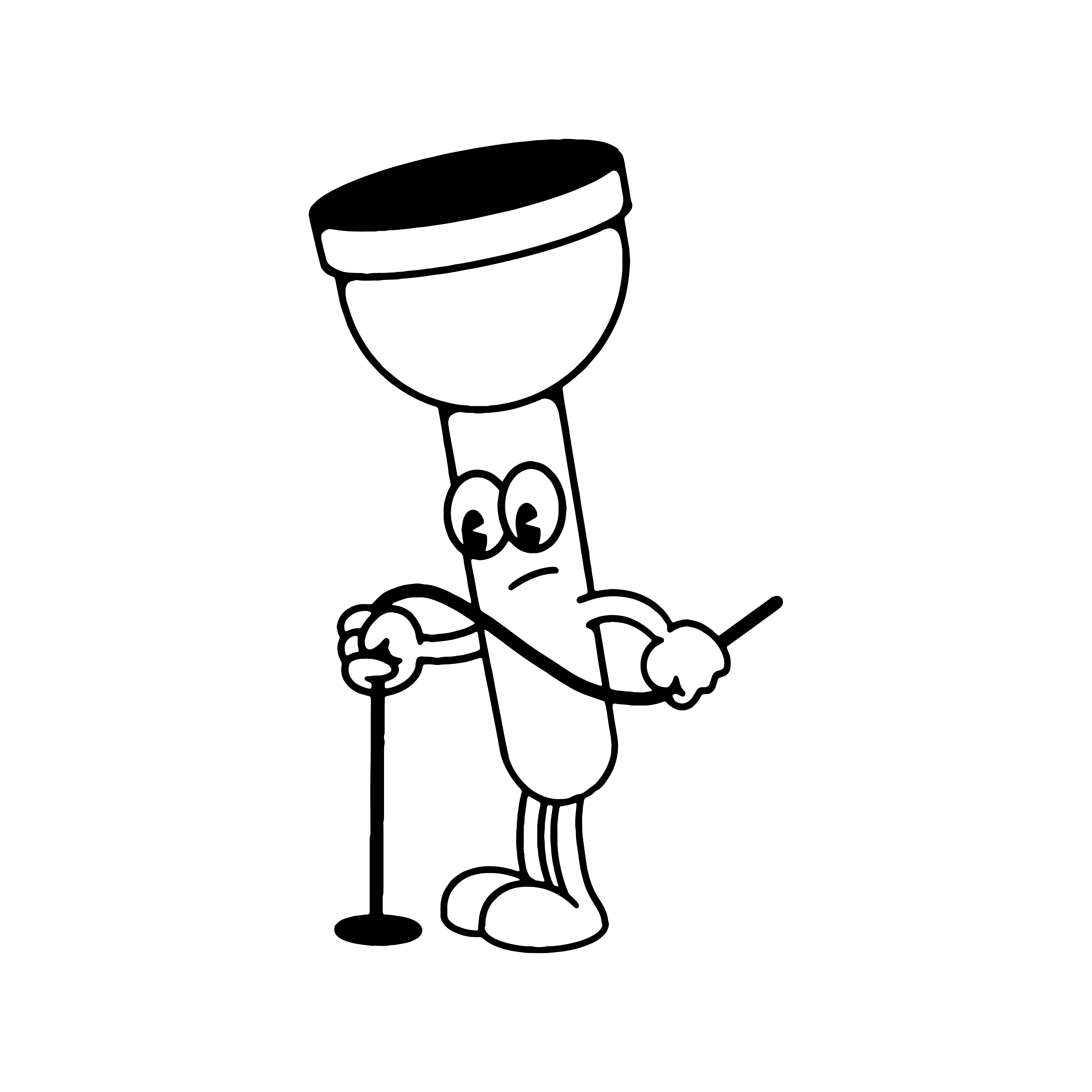 A cute line illustration of a toilet plunger with arms, legs and eyes, fixing a drain