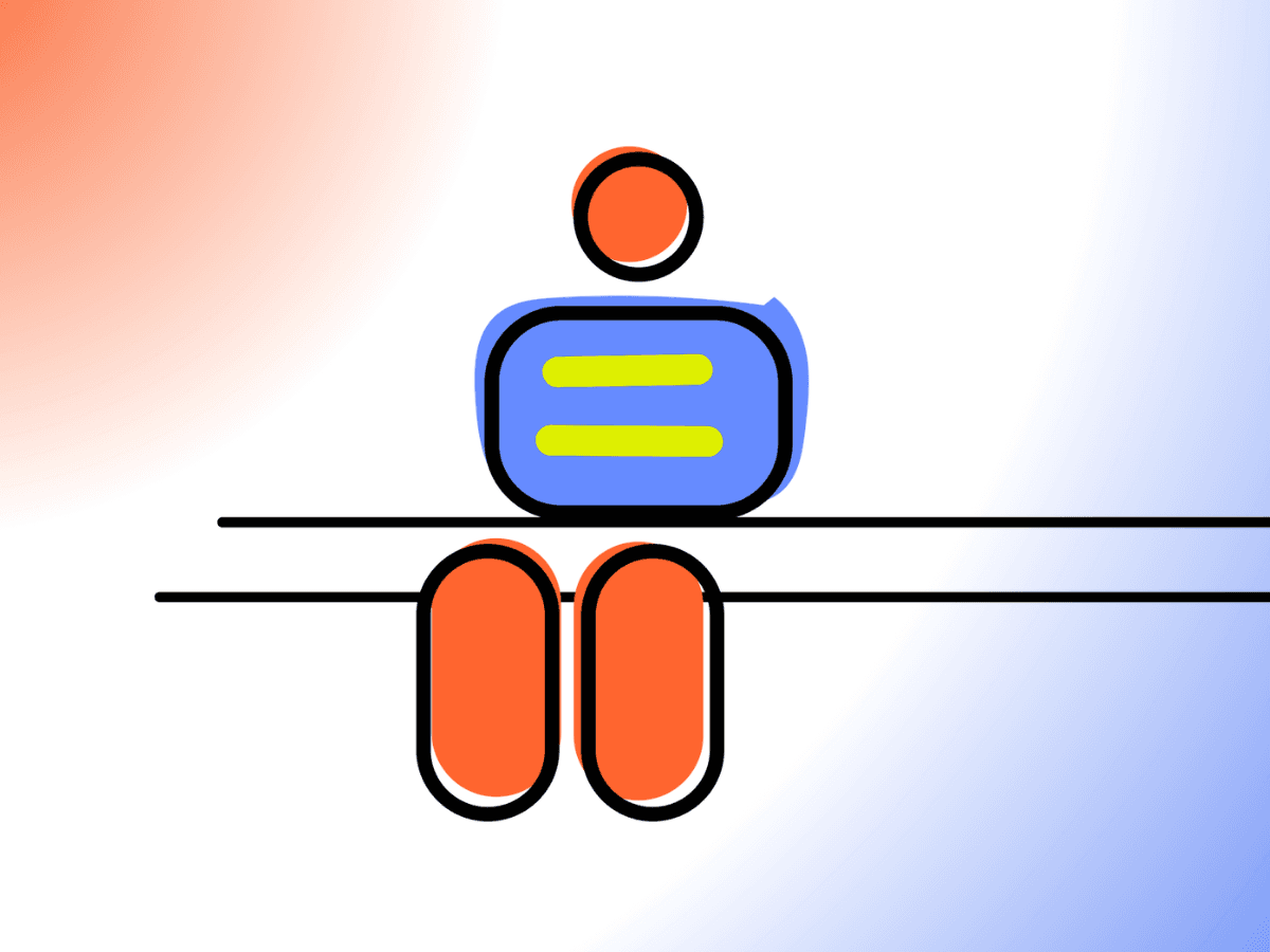 A cartoon figure with orange head and legs and a blue conversation bubble-style body sits on two lines that mimick a bench, with an orange and blue gradient in the background.