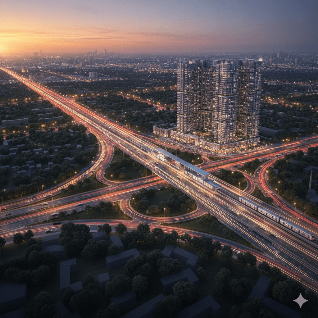 Aerial view of Sector 105 near Noida Expressway, M3M project connectivity map