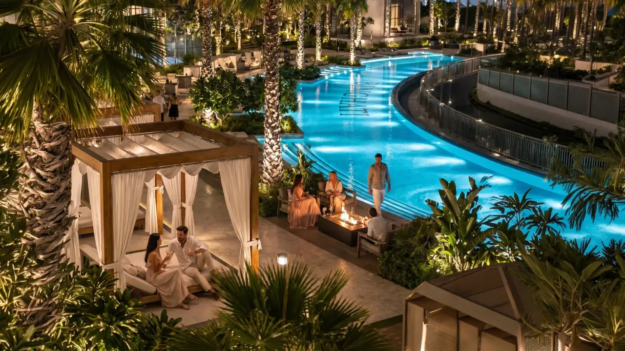 Overhead view of the illuminated winding pool and luxury cabanas at Binghatti Wraith.