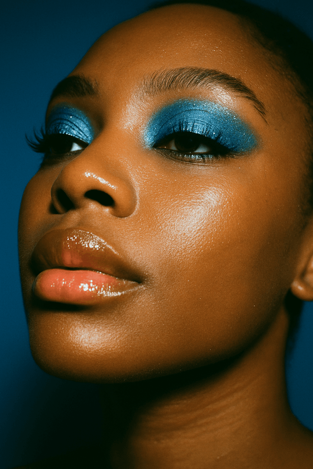 A close-up of a hand wearing multiple decorative rings against a blue background.
