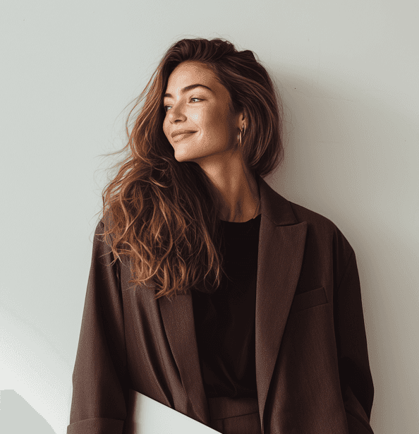 A woman dressed in a suit stands with a laptop, symbolizing professionalism and modern work culture.