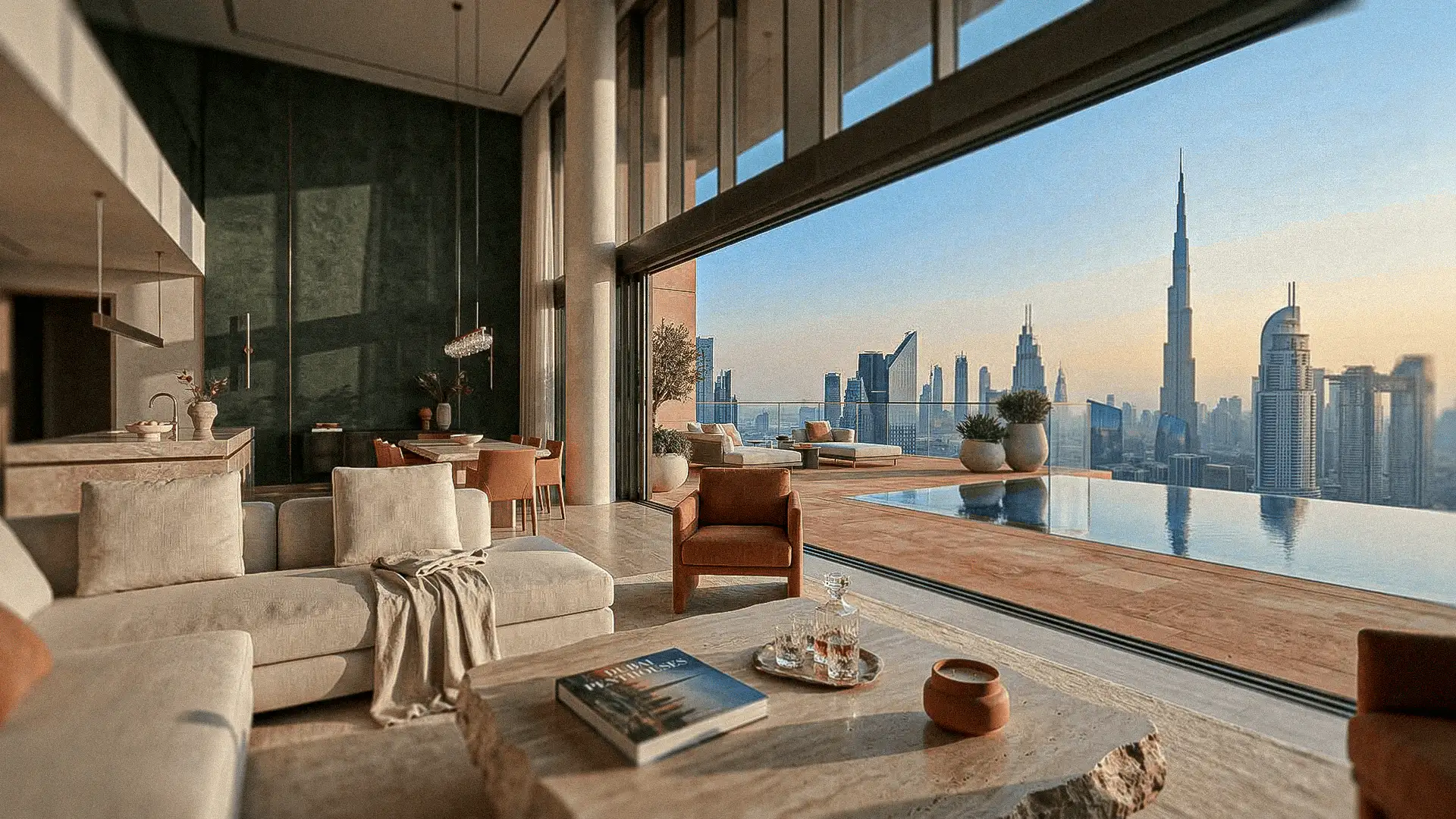 Apartamento de lujo con piscina privada y vistas panorámicas al skyline de Dubai y al Burj Khalifa.