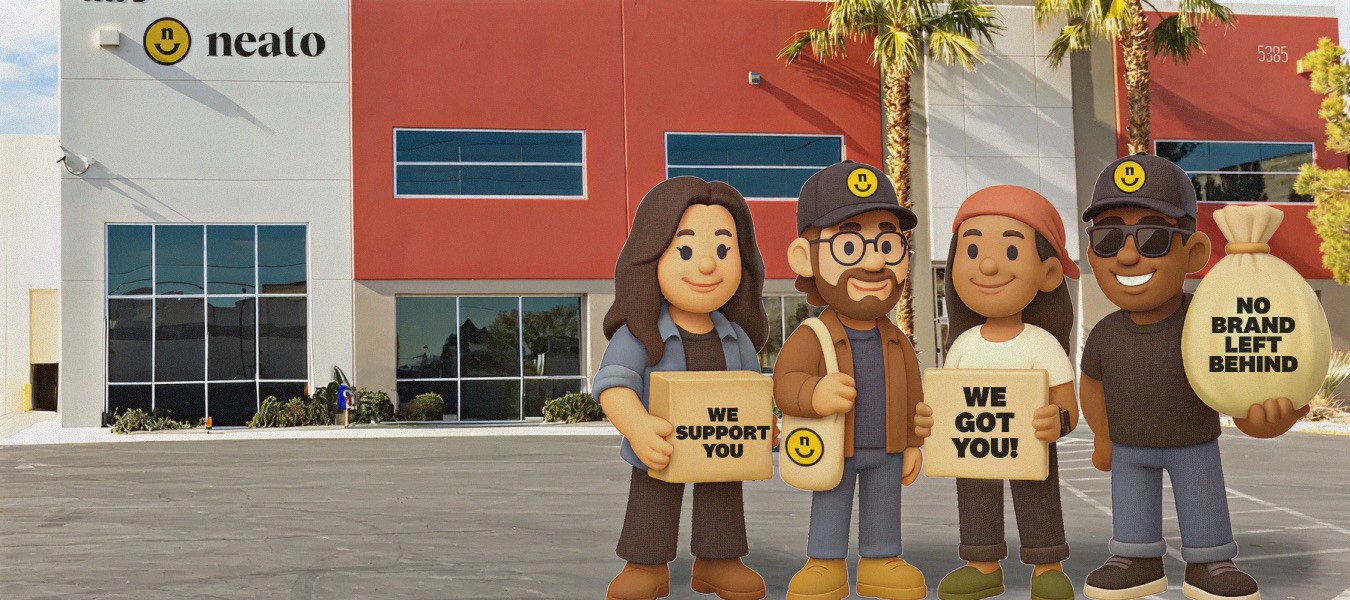 Neato cartoon team standing in front of the Neato building holding signs that say “We support you,” “We got you,” and “No brand left behind,” highlighting Neato’s 2P+ partner support.