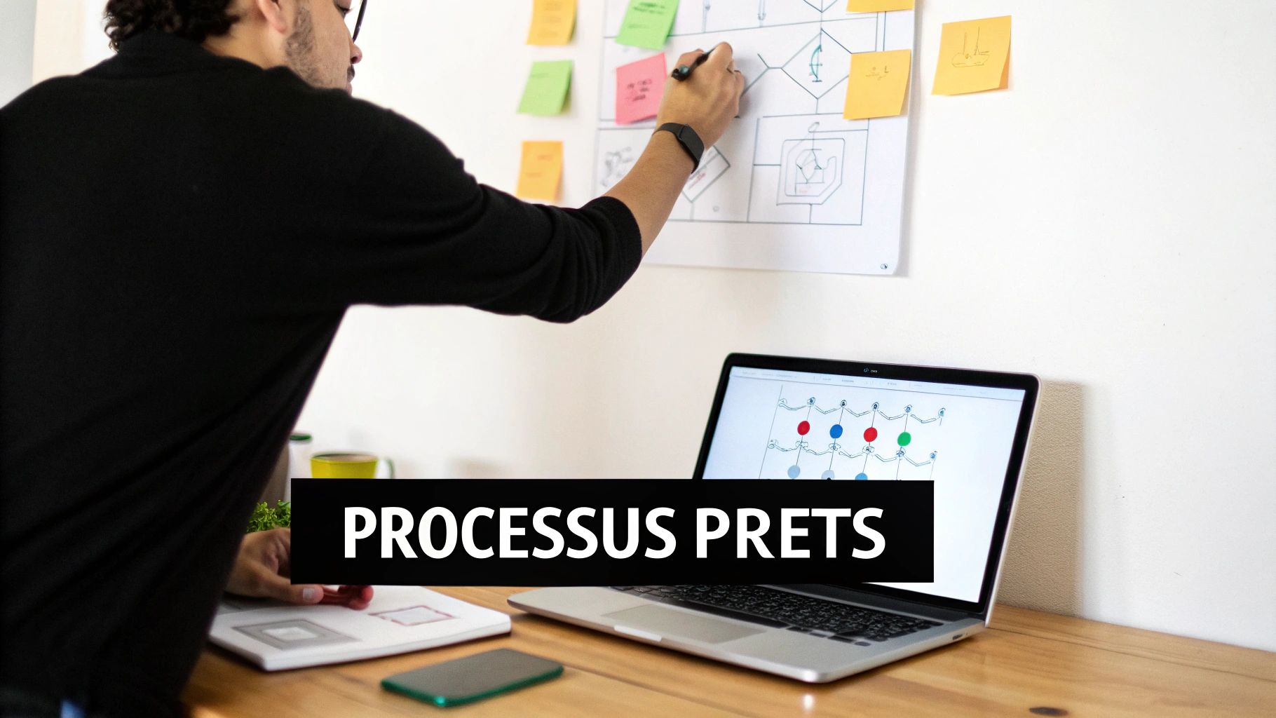 Un homme dessine un diagramme sur un tableau blanc rempli de post-it, avec un ordinateur portable sur un bureau en bois.