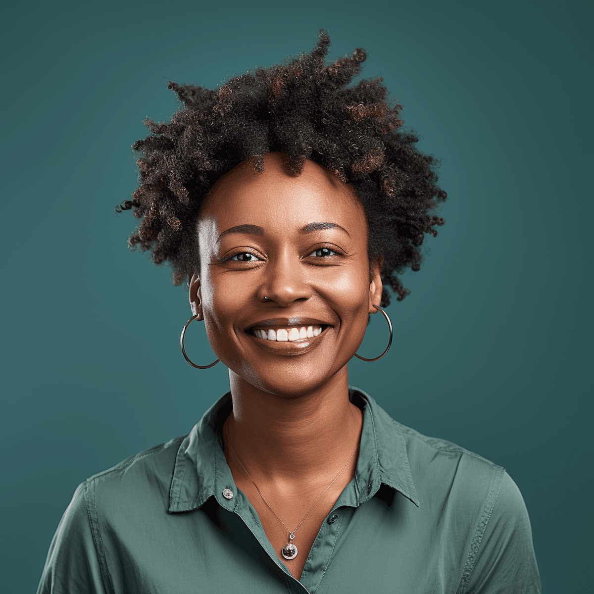 Smiling woman with natural curly hair wearing a green shirt on a solid teal background.