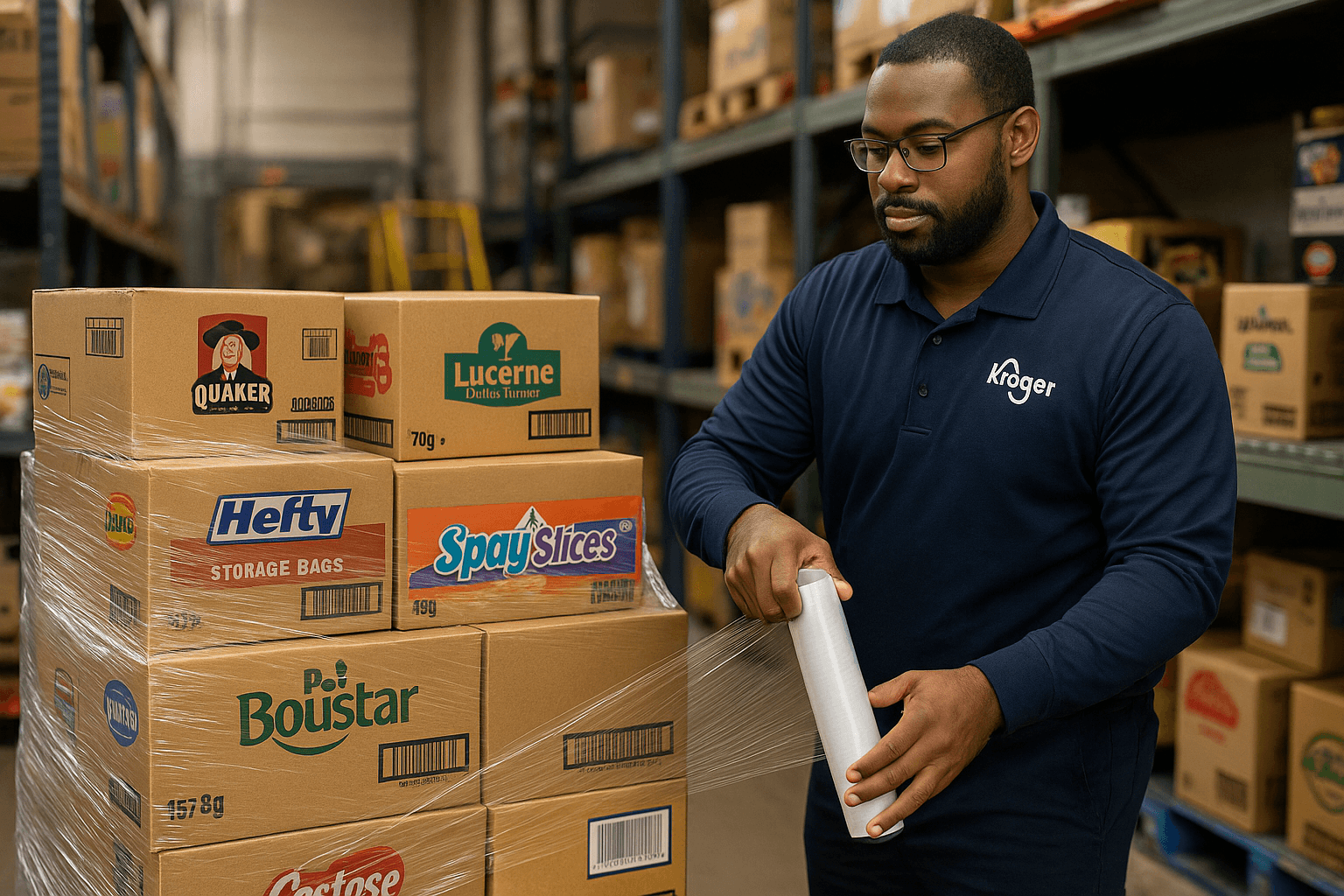 Associate wrapping a pallet with plastic