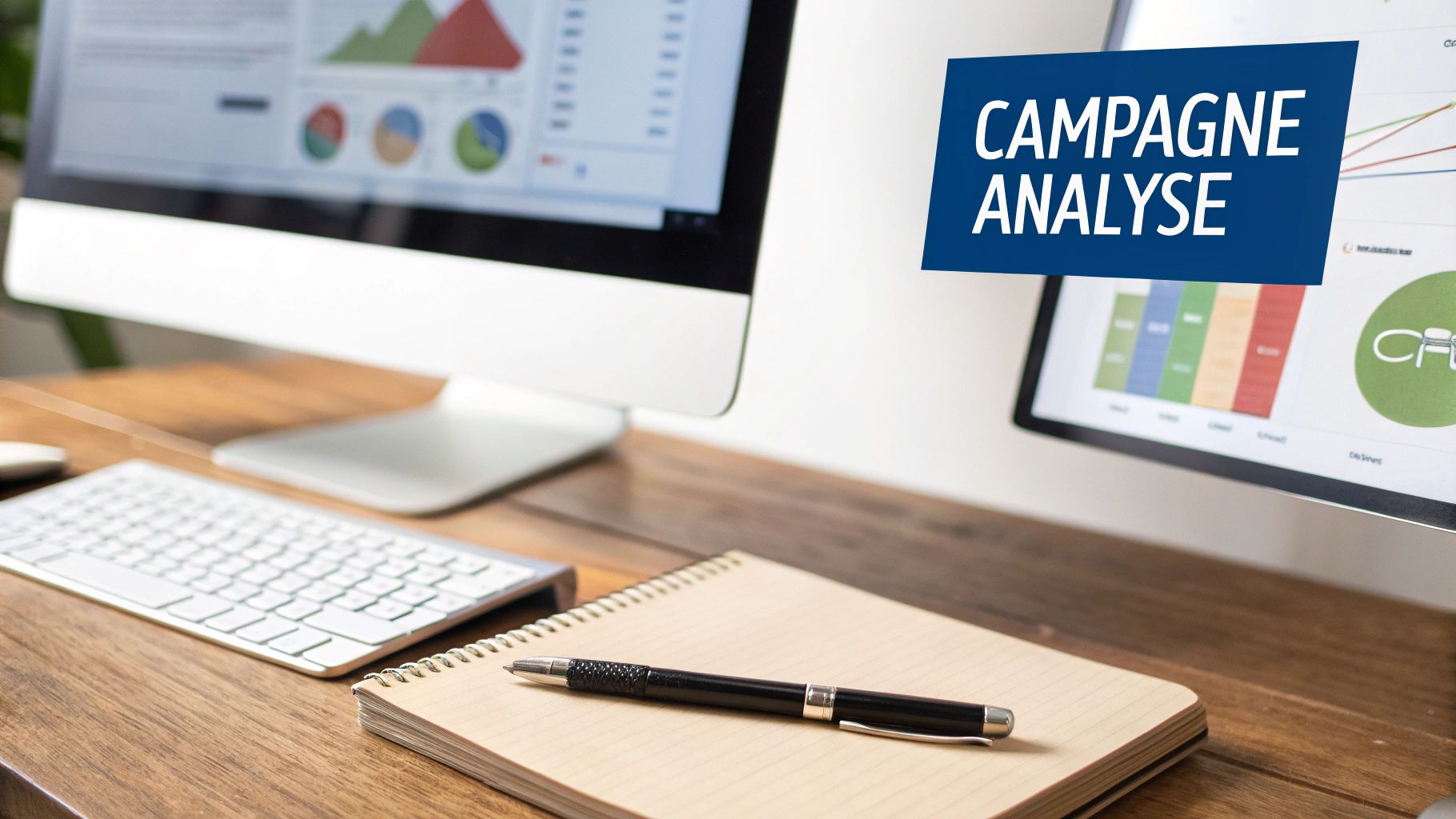Een bureau met twee computerschermen die campagneanalyse tonen, samen met een toetsenbord, notitieboek en pen.