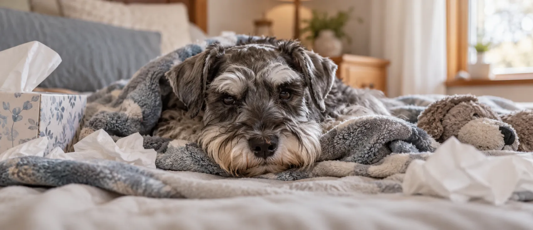 A Miniature Schnauzer rests on a bed beside a box of tissues.