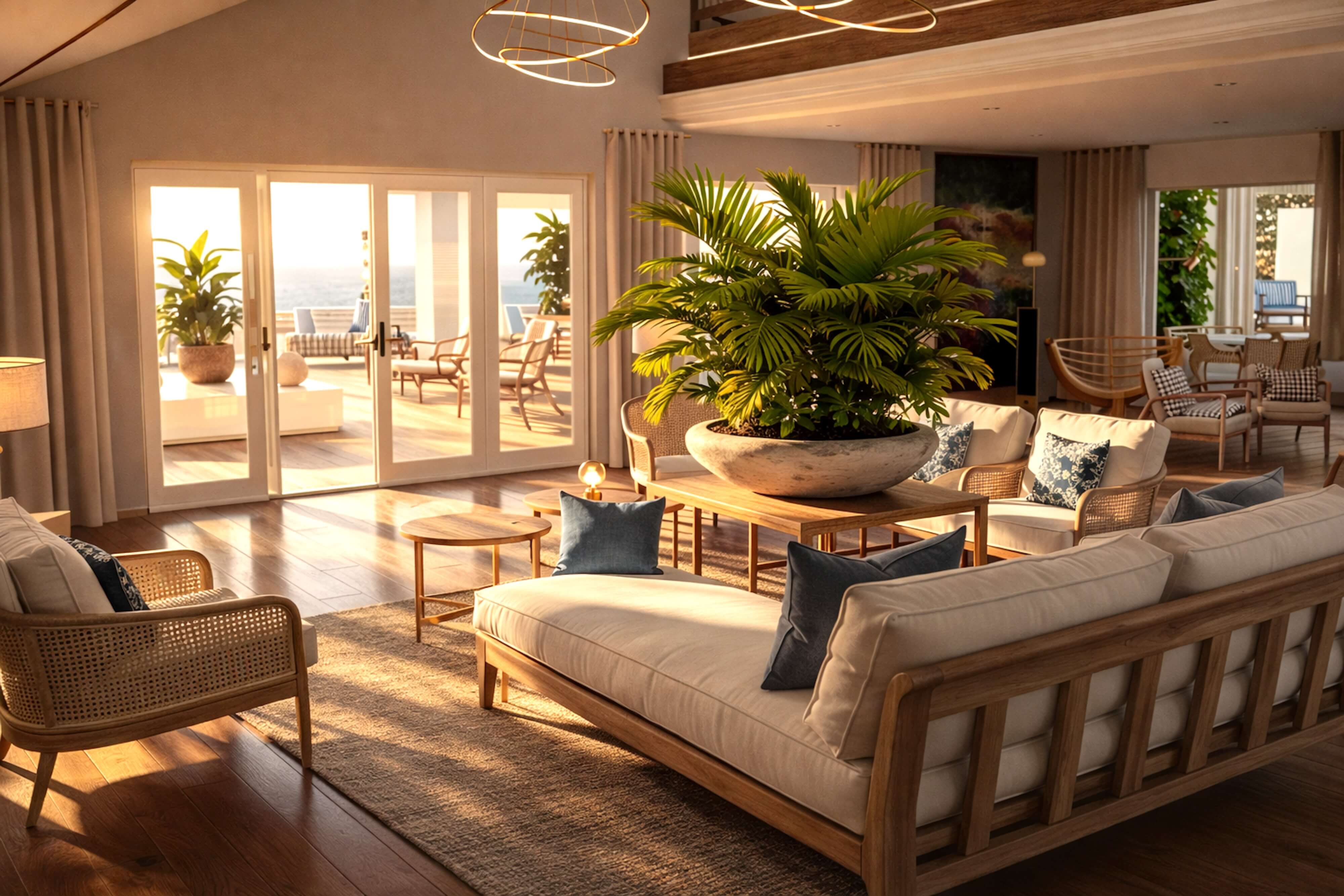 Open concept luxury lounge interior design with clean lines, lounge furniture design in natural materials, console table, accent chairs, and seamless indoor outdoor flow.