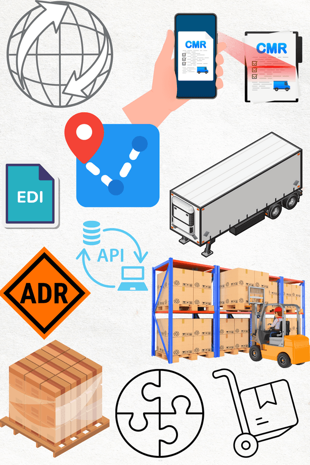 Logistika mõisted piltidena: CMR, e-veoseleht, EDI, API, ADR, marsruudi planeerimine, kaubaalused ja ladu