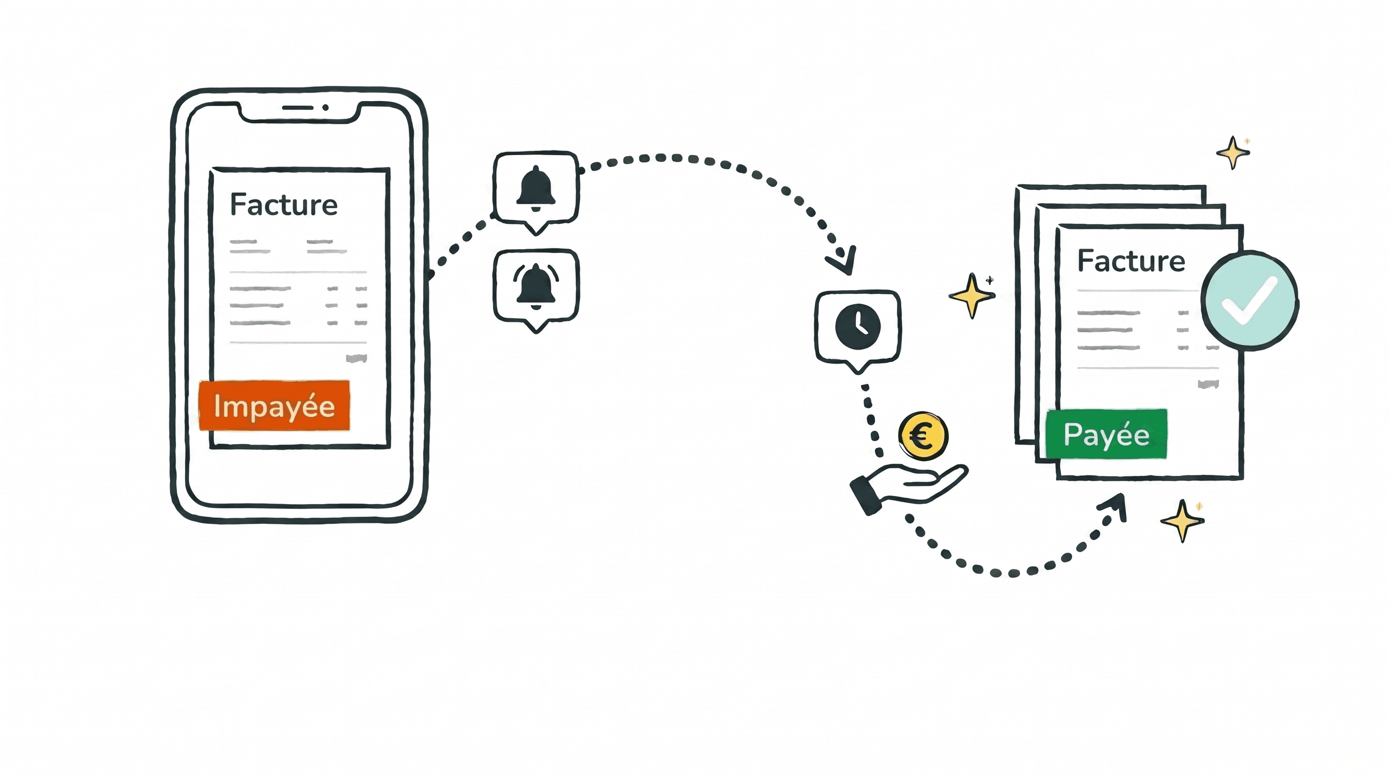 Facture passant de Impayée à Payée grâce aux relances automatiques et au recouvrement — automatisation des comptes clients