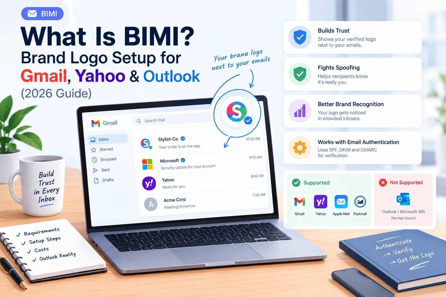 BIMI email authentication showing verified brand logos in Gmail, Yahoo, Apple Mail, and Fastmail, with Outlook compatibility explained